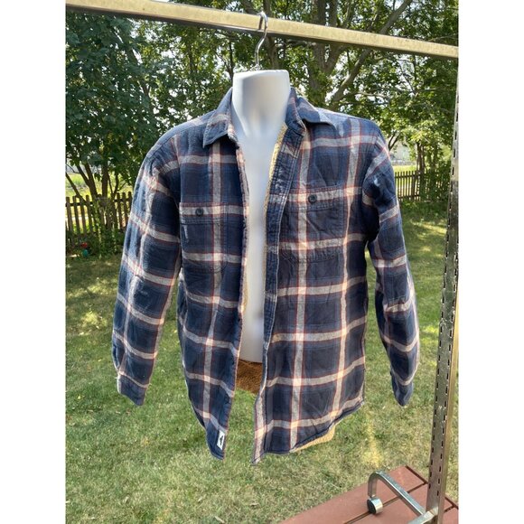 Wrangler Men Sherpa Lined Plaid Shirt Jacket S Cotton Polyester Blue Red Vintage - Picture 1 of 7